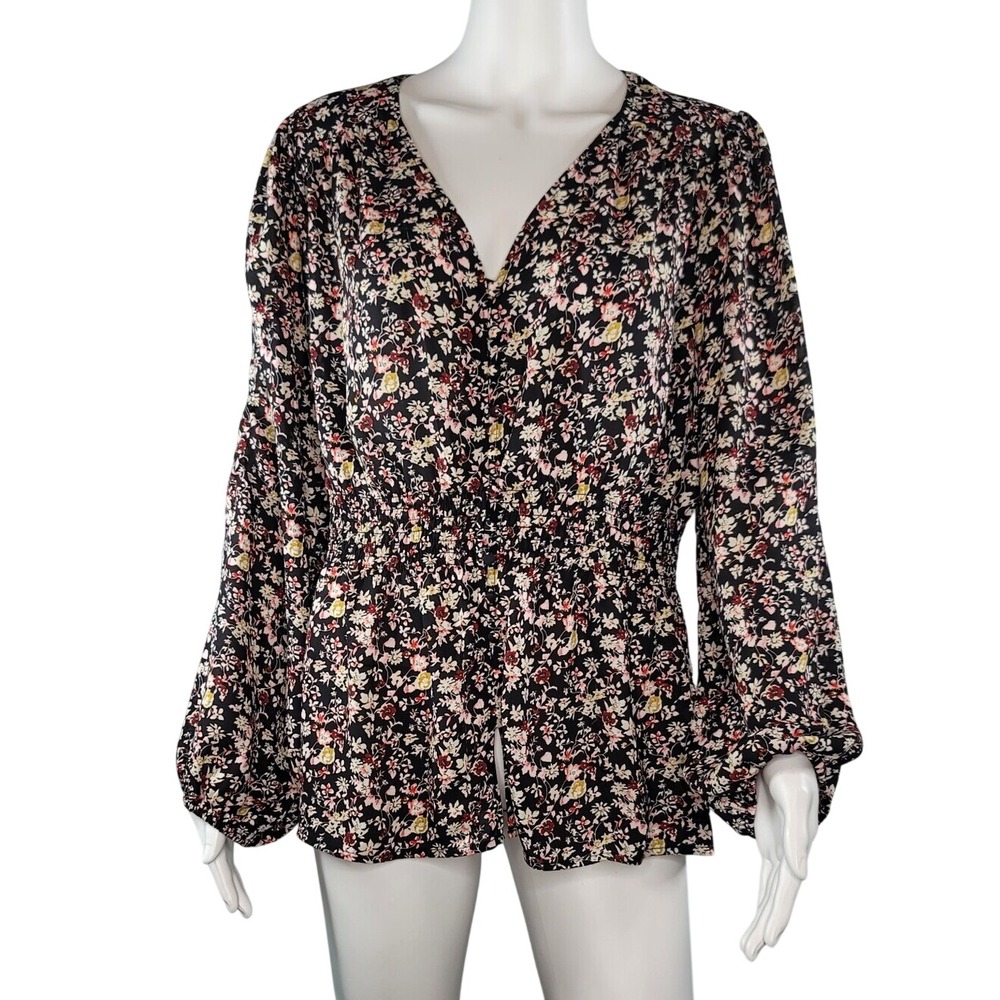 Pleione Black Floral V-Neck Long Sleeve Smocked Waist Blouse